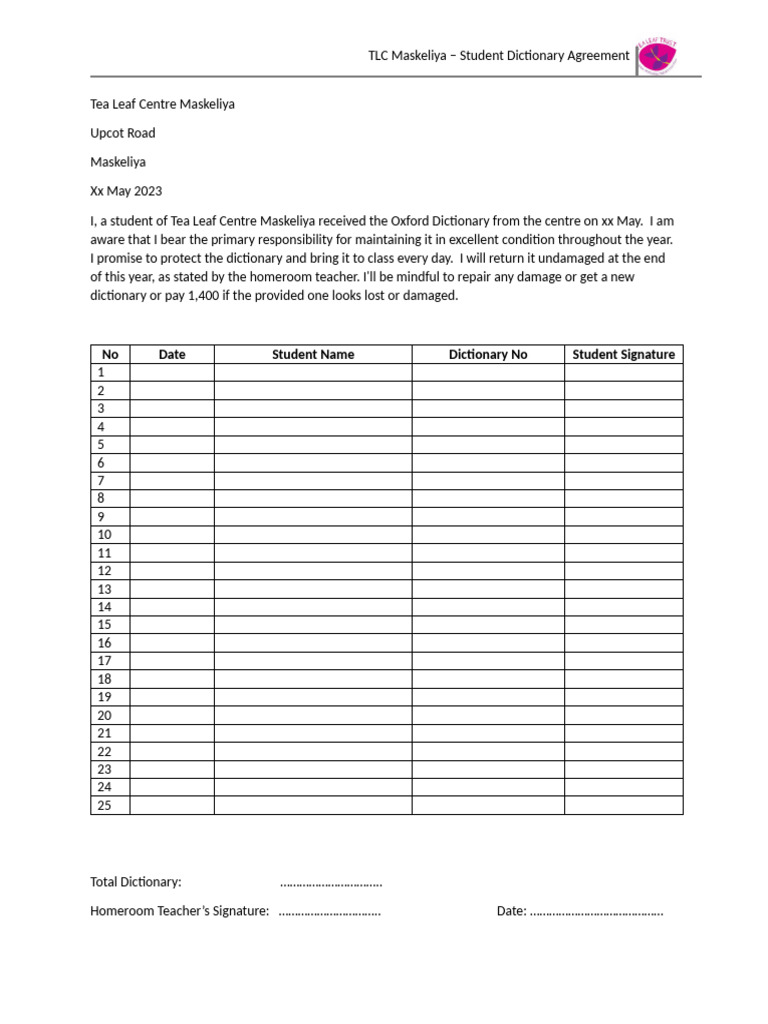 TLC Maskeliya Dictionary Agreement Form | PDF