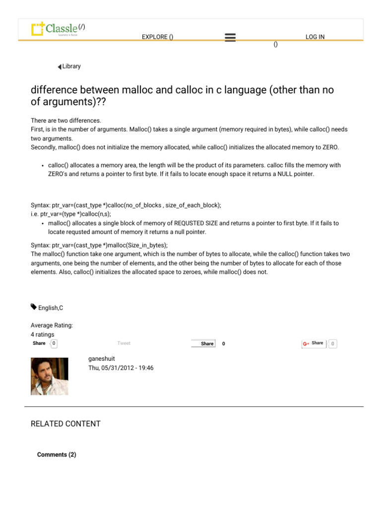 Difference Between Malloc and Calloc | PDF