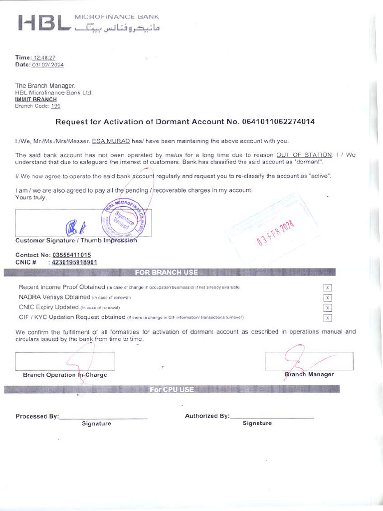 HBL Dormant Form | PDF
