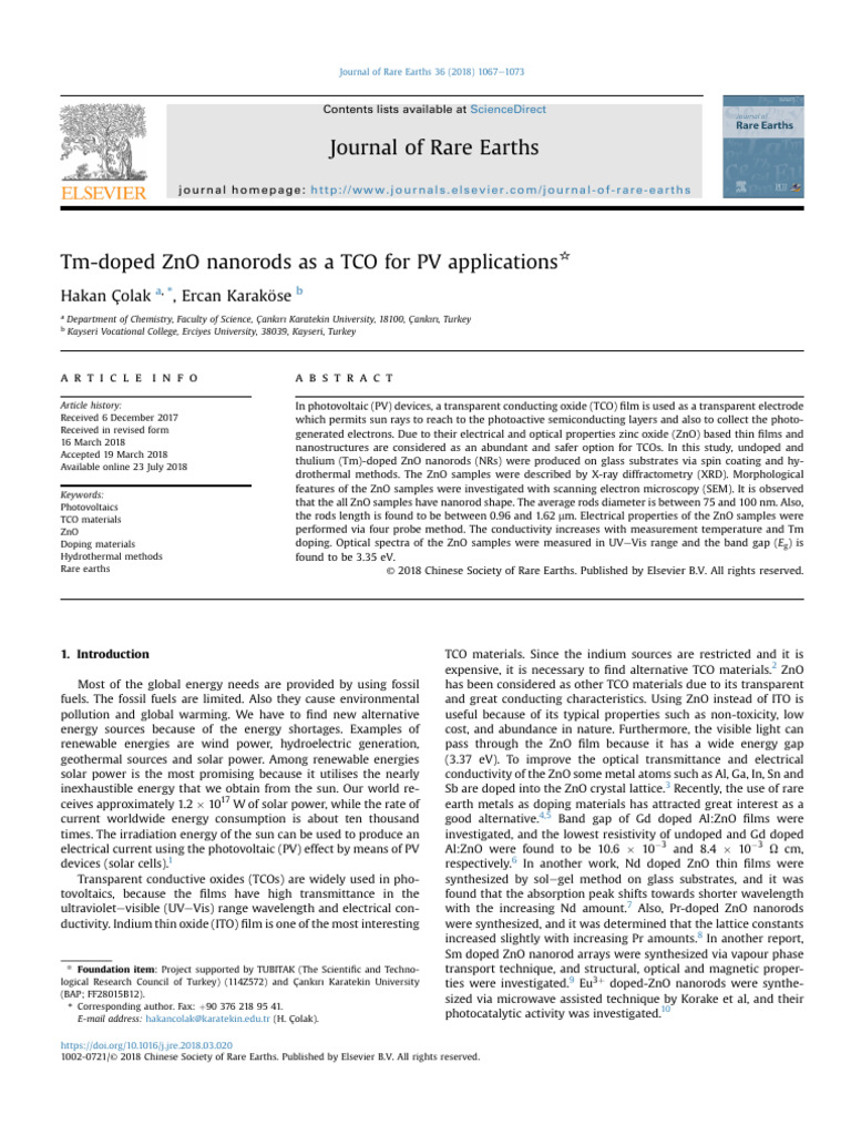 Tm-Doped ZnO Nanorods As A TCO For PV Applications | PDF | Zinc Oxide ...