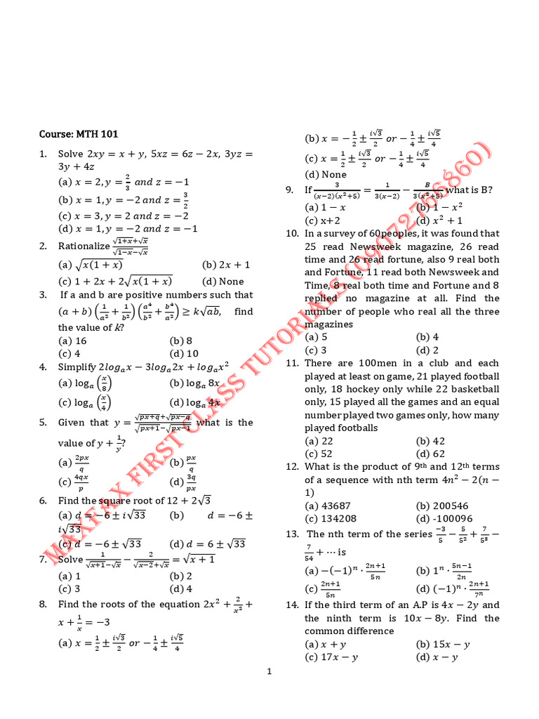 LAUTECH MTH 101 Mock Test Solutions | PDF | Quadratic Equation ...
