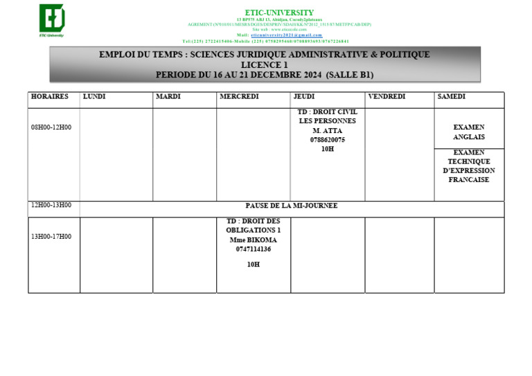 Emploi du temps Licence 1 Droit 2024 | PDF