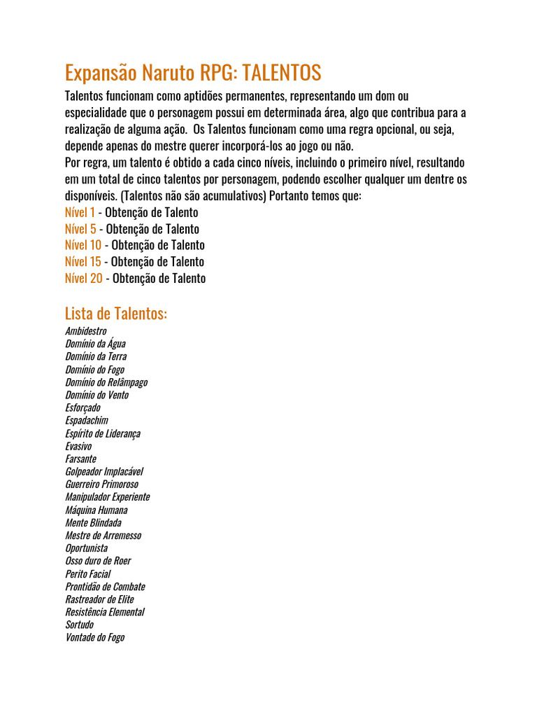 Talentos no RPG Naruto: Guia Completo | PDF