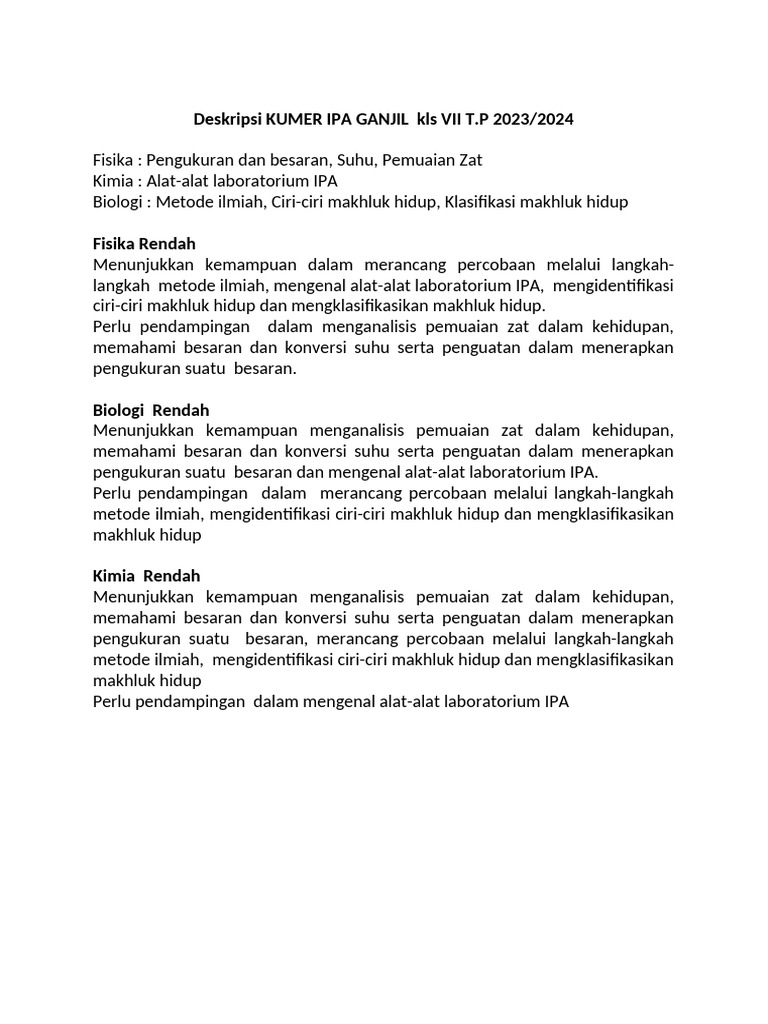 Deskripsi KUMER IPA Kelas VII 2023/2024 | PDF