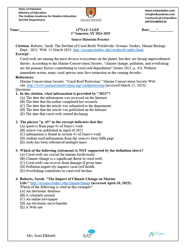 12th Answer Key Source Materials Practice | PDF | Citation | Endangered ...