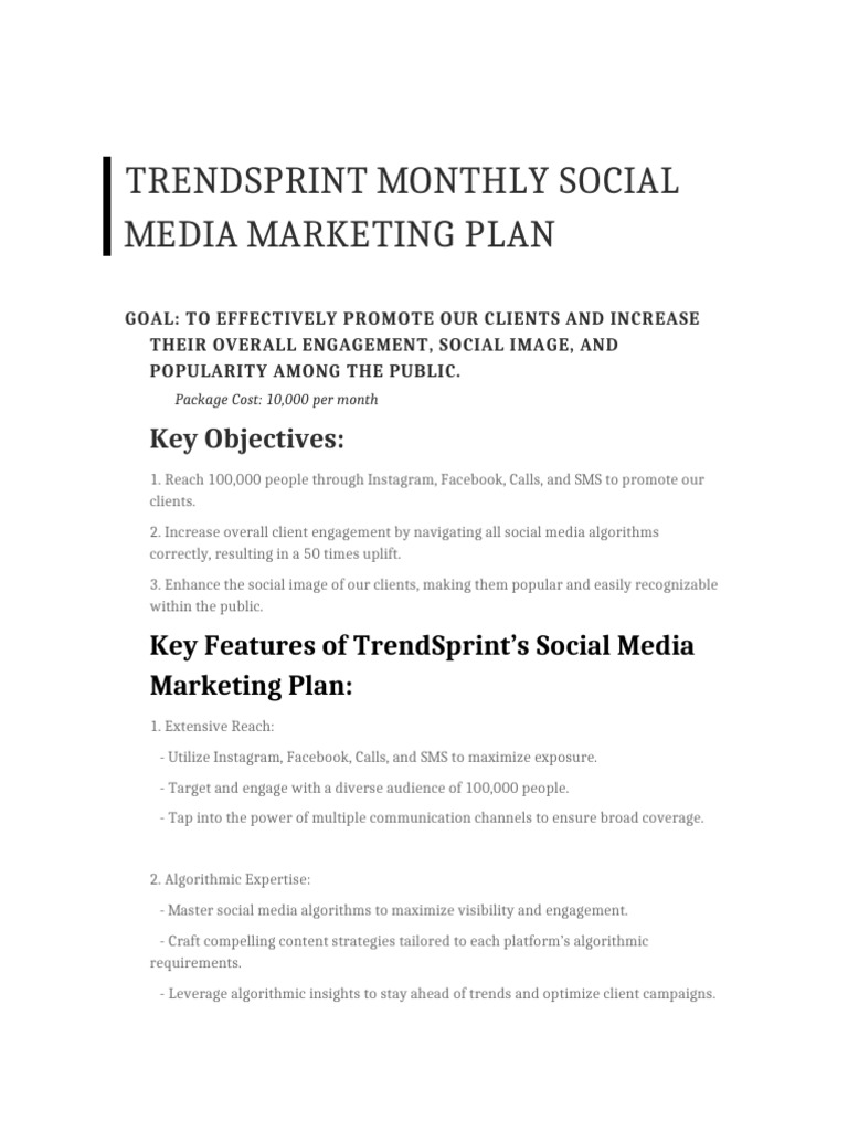 Trendsprint Monthly Social Media Marketing Plan: Key Objectives | PDF