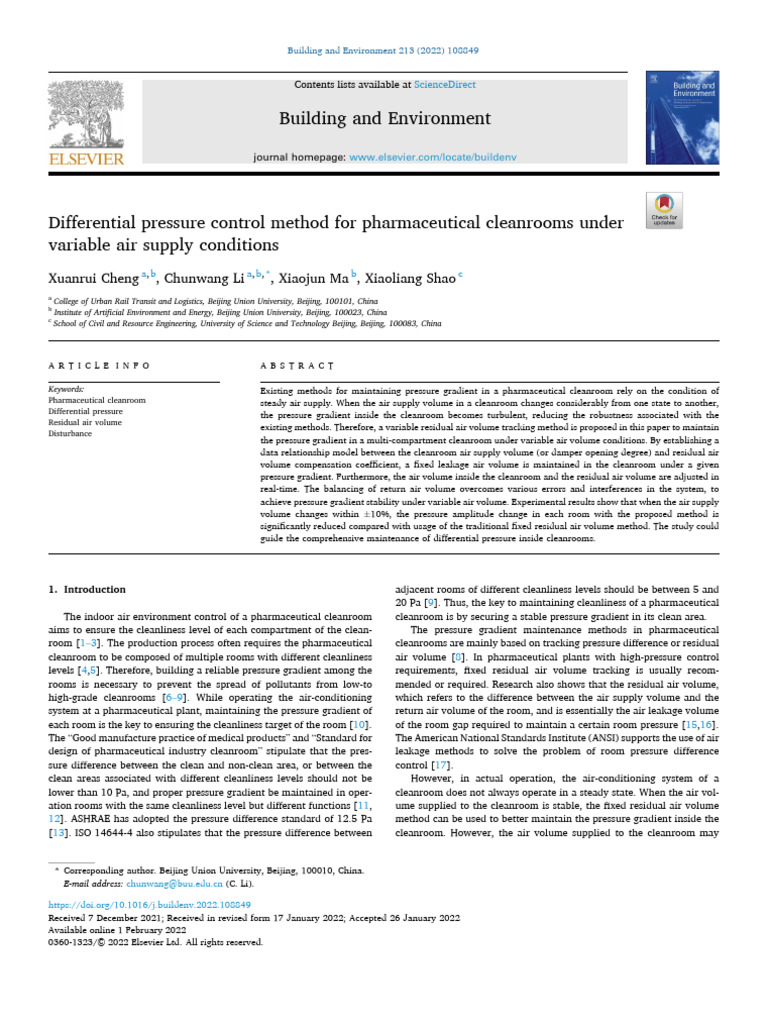 Differential Pressure Control in Cleanrooms | PDF | Pressure | Gases