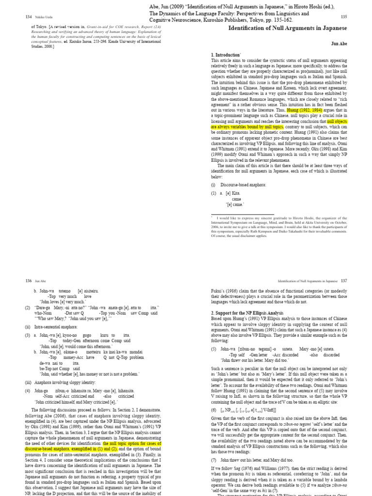Null Arguments in Japanese Syntax | PDF | Subject (Grammar) | Cognitive ...