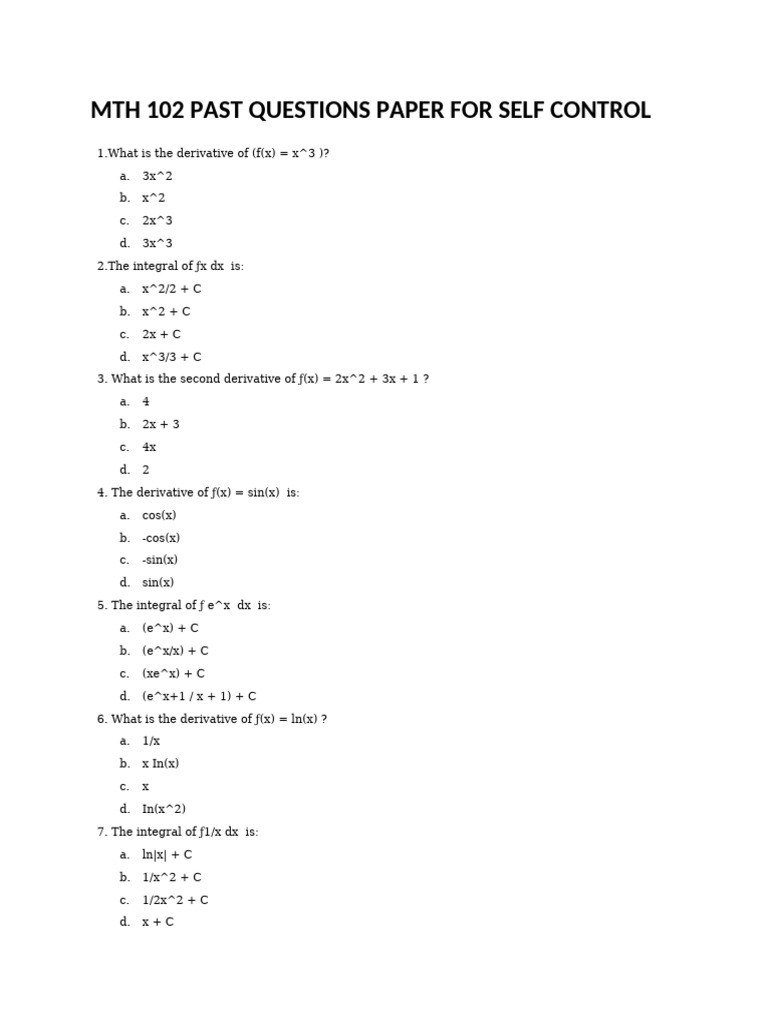 MTH 102 TEST Q | PDF | Mathematics | Trigonometric Functions