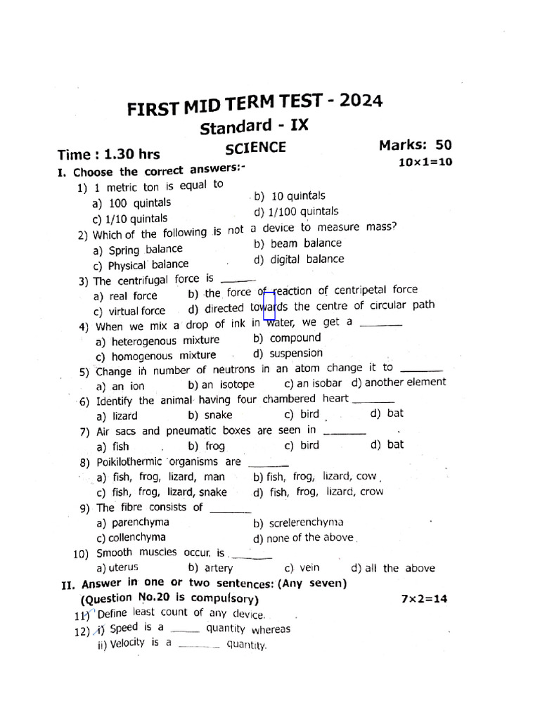 9th Science Mid Term Question Paper 2024 | PDF