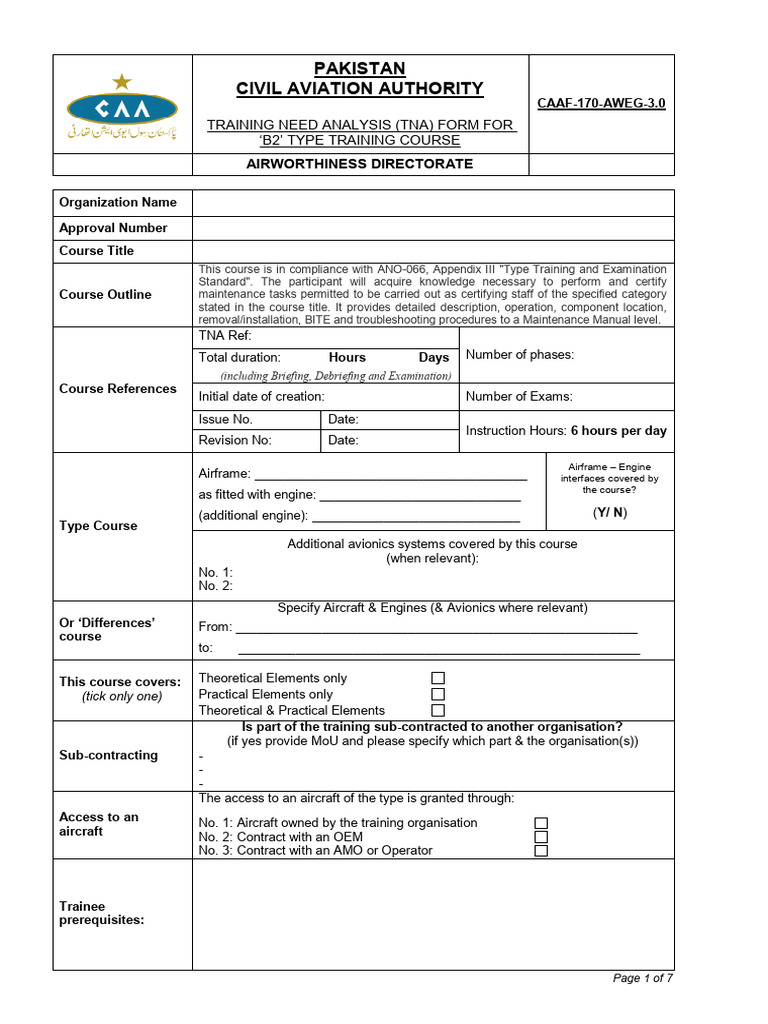 B2 Type Training Course TNA Form | PDF | Engines | Aerospace