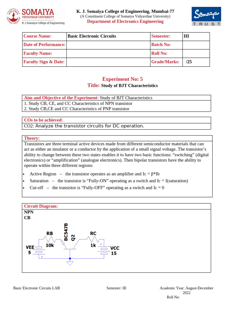 Bjt Characteristics For Students Pdf Transistor Bipolar Junction