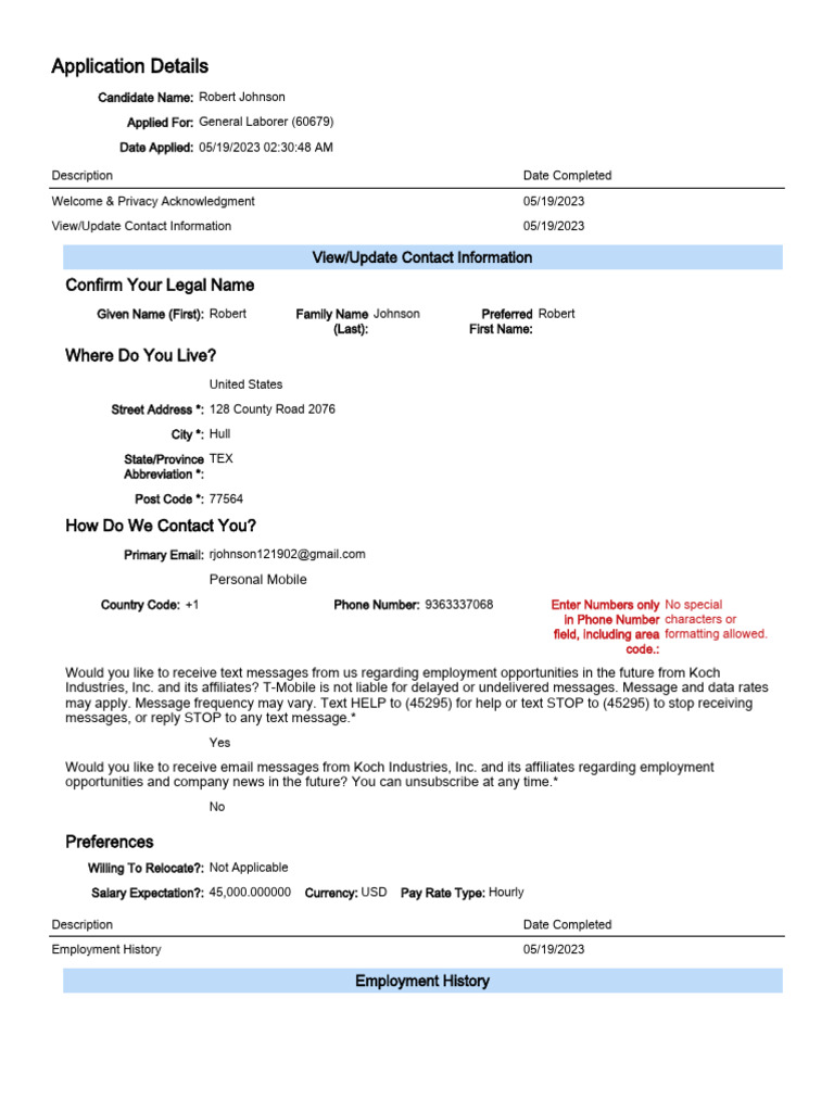 Application General Laborer (60679) Robert Johnson | PDF | Employment ...