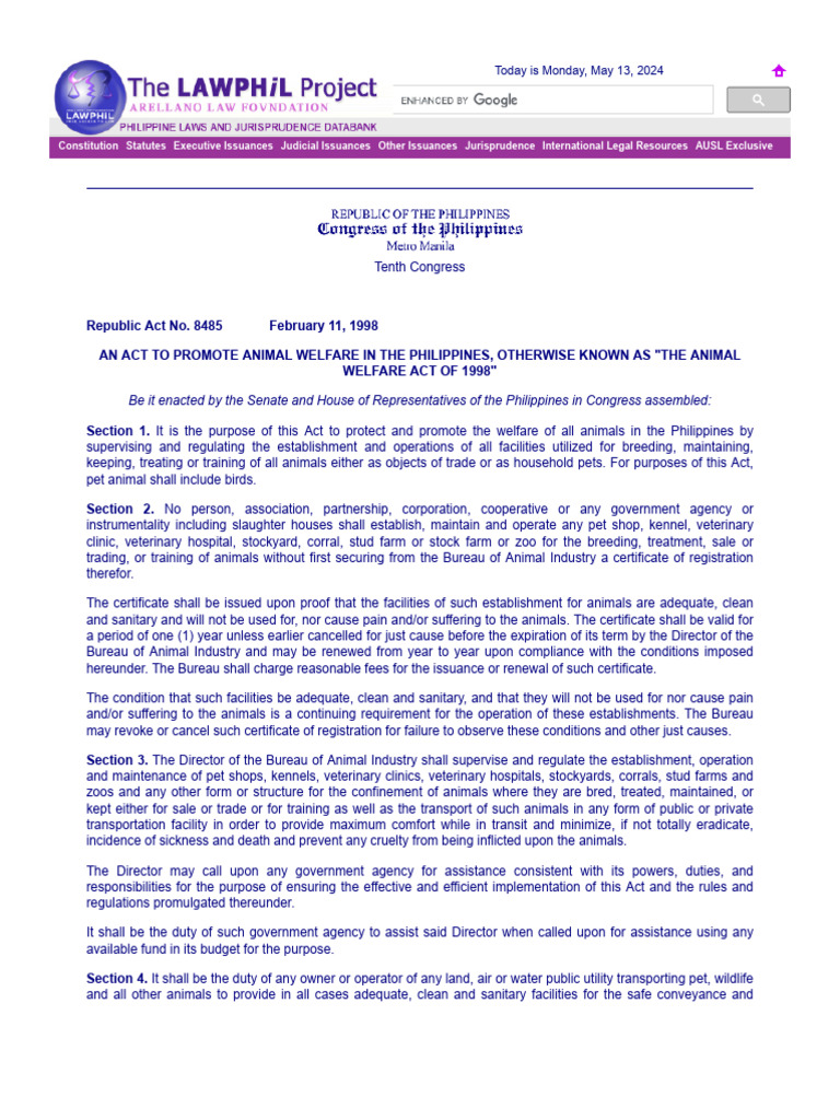 Republic Act No. 8485 Animal Welfare Act | PDF | Animal Welfare ...