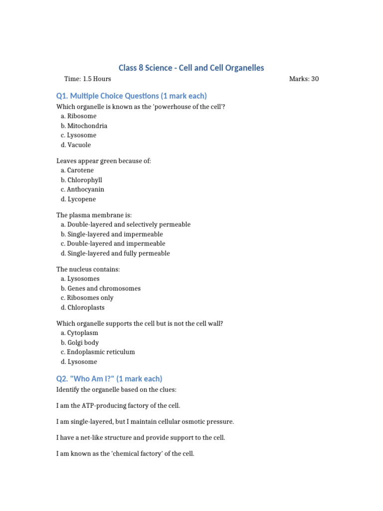 Class 8 Science Cell and Cell Organelles Question Paper | PDF