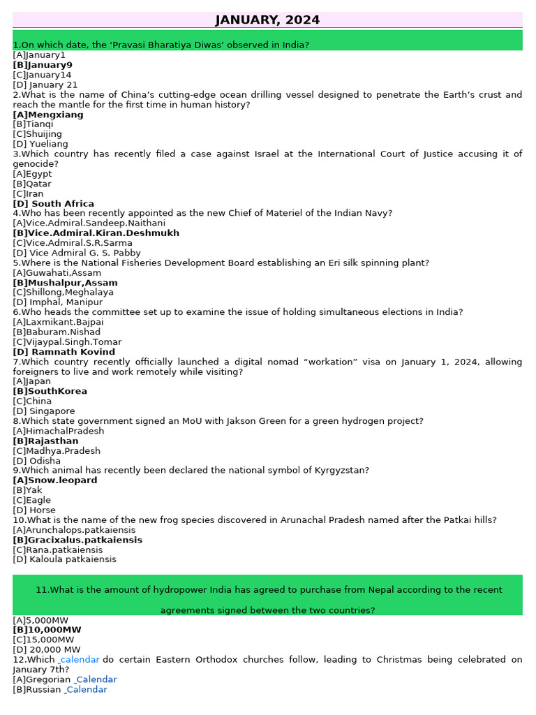 Current Affairs Quiz 2024 JAN TO JUNE | PDF