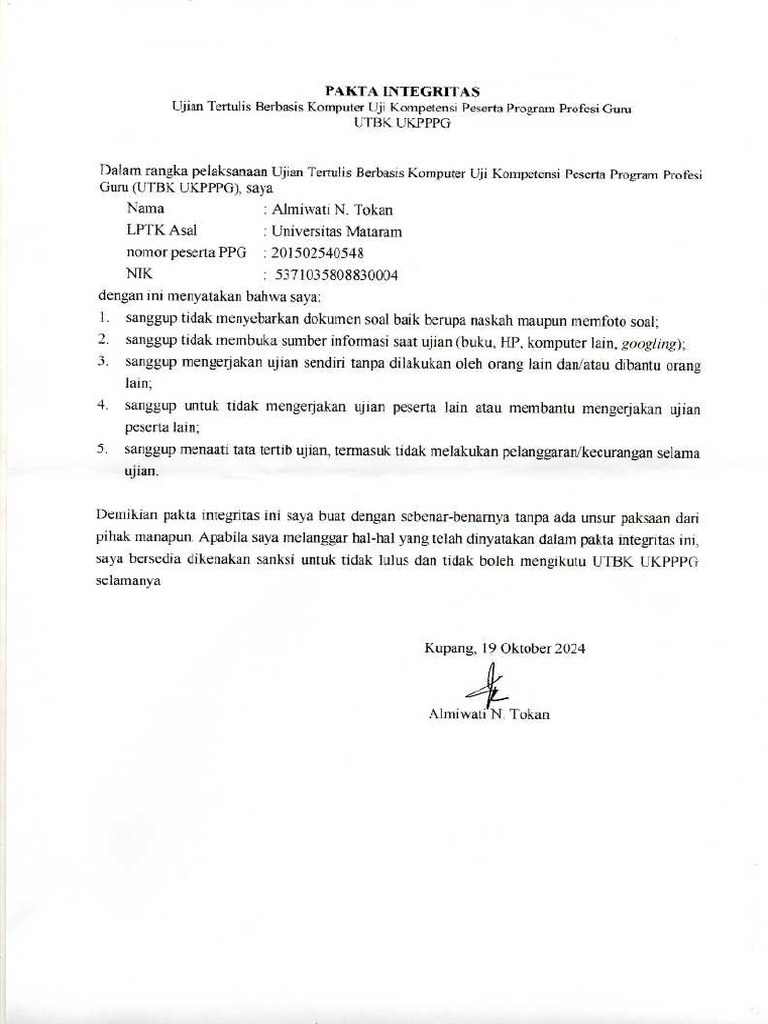 Pakta Integritas Almiwati N Tokan | PDF