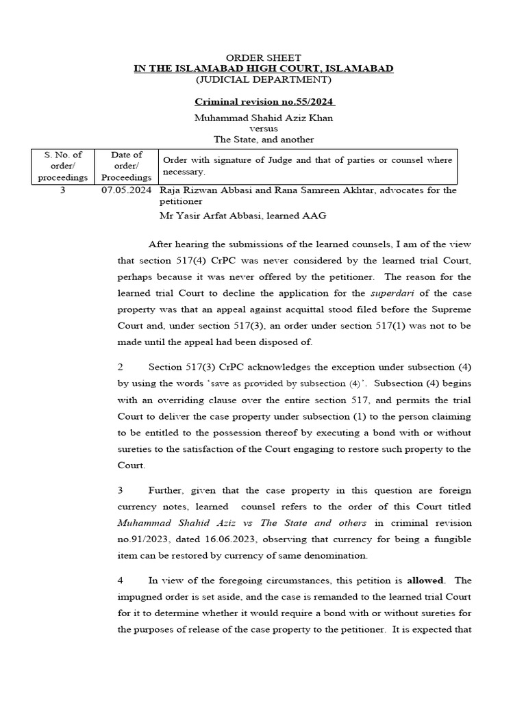 07.05.2024 CRL Revision 55-24 Allowed (Against Declined Application For ...