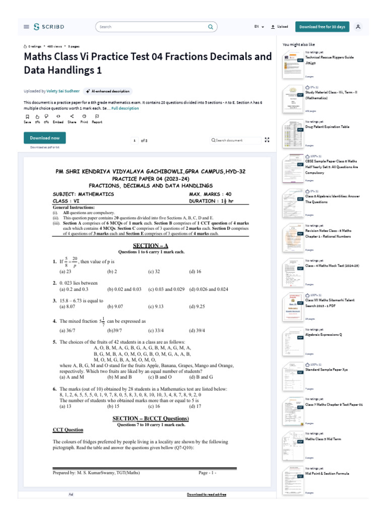 6th Grade Math Practice Test on Fractions | PDF | Mathematics | Scribd