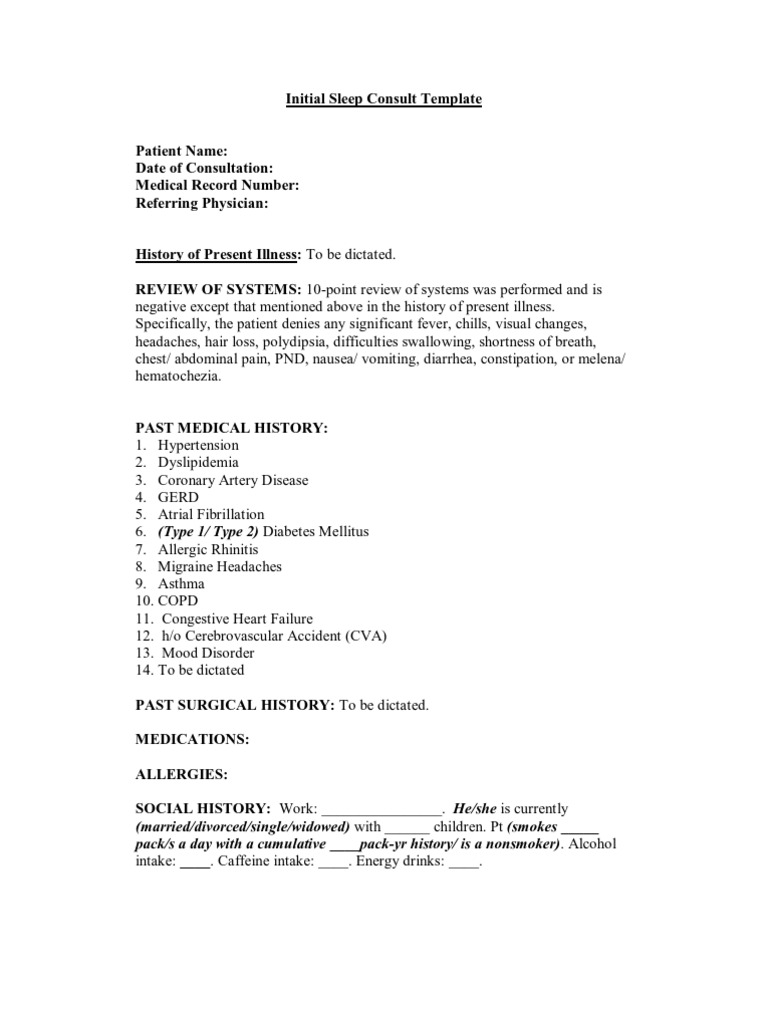 Sleep Consult Template | PDF | Sleep | Insomnia