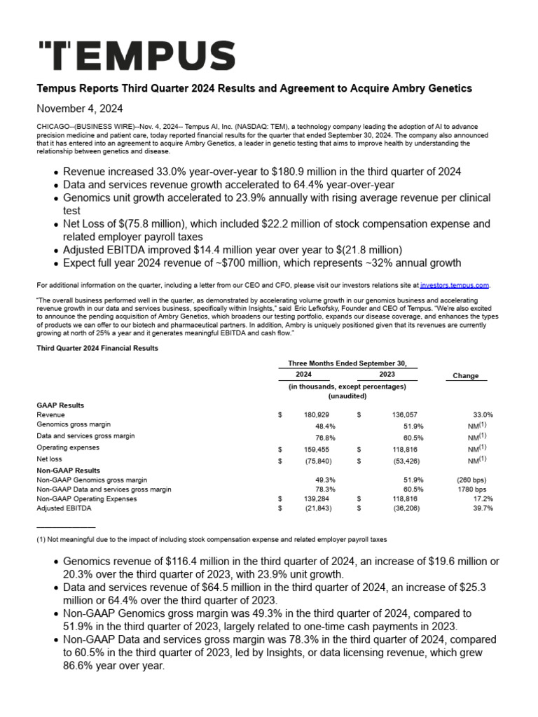 Tempus Q3 2024 Results & Ambry Deal | PDF | Equity (Finance) | Stocks