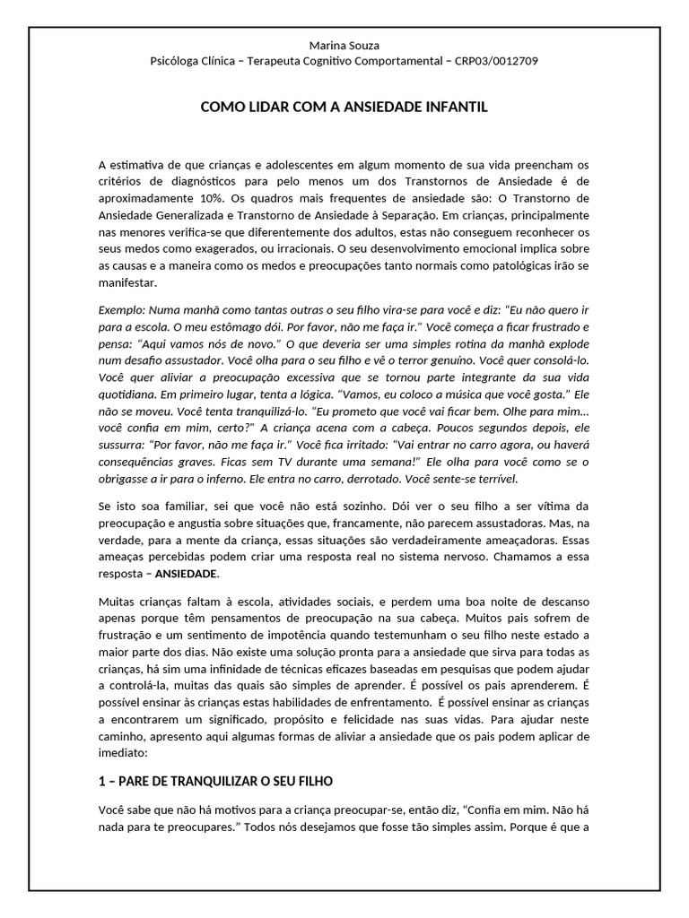 Como Lidar Com A Ansiedade Infantil | PDF | Ansiedade | Pensamento