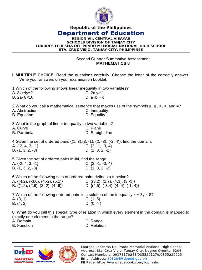 Math 8 Summative Assessment Guide | PDF | Mathematics