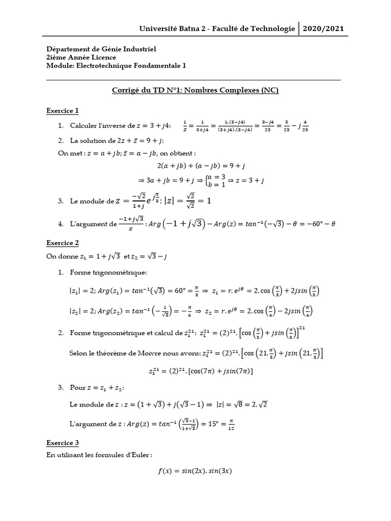 Corrigé TD Nombres Complexes 2021 | PDF | Nombre complexe | Mathématiques