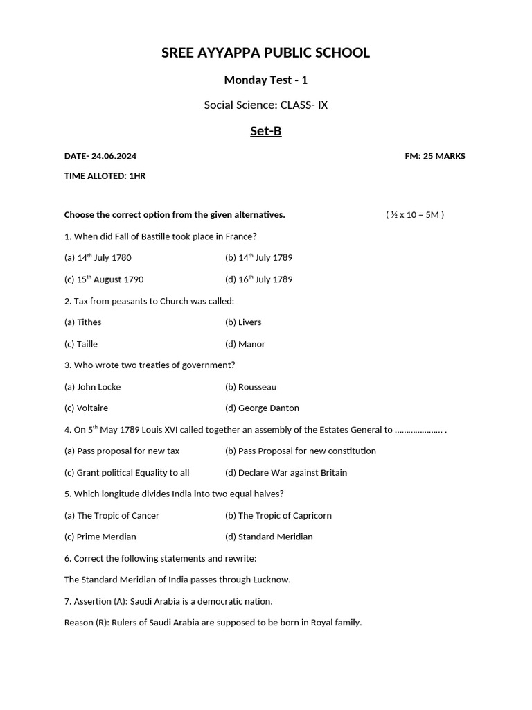 Monday Test - IX SET A 24062024 | PDF | Political Science