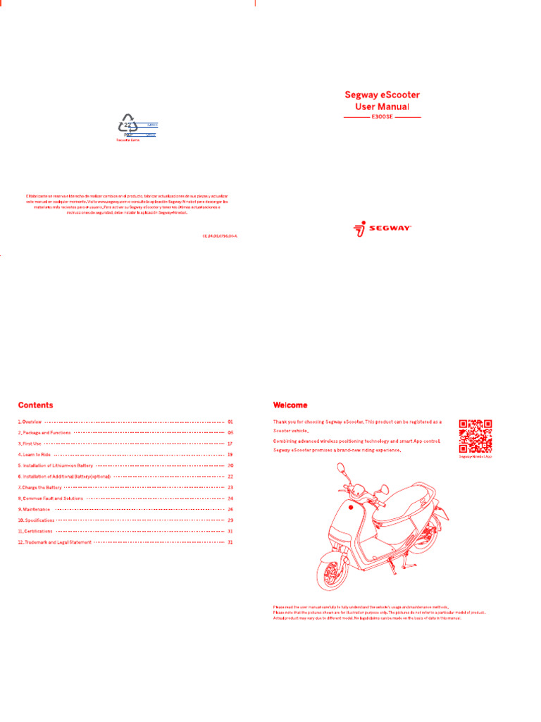 User Manual Segway EScooter E300SE en FR de IT ES NL | PDF