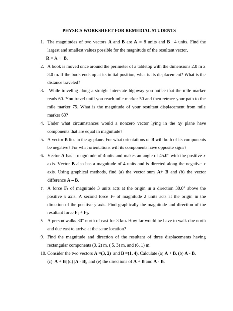 PHYSICS WORKSHEET FOR REMEDIAL STUDENTS | PDF