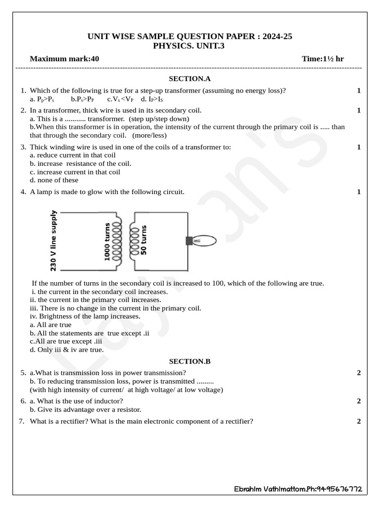 Physics Unit 3 Sample Questions 2024-25 | PDF | Inductor | Transformer