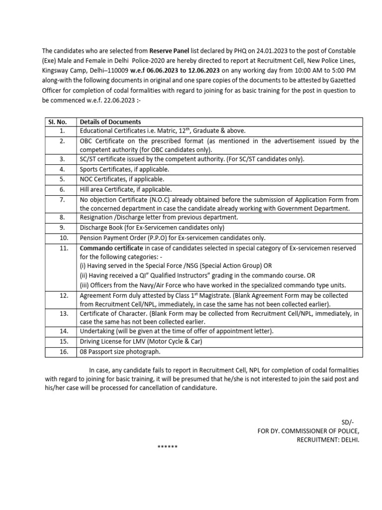 Delhi Police Constable Joining Instructions | PDF | National Security