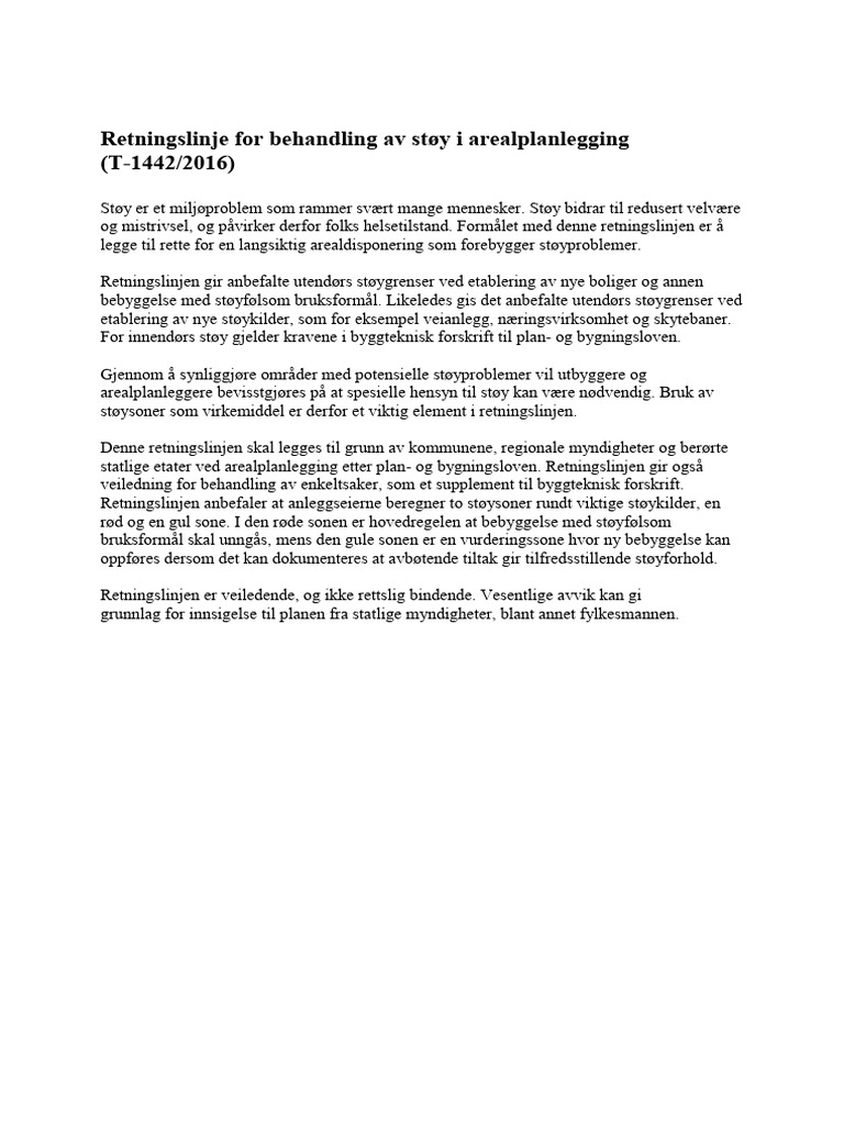 Retningslinje For Behandling Av Støy I Arealplanlegging (T-1442/2016) | PDF