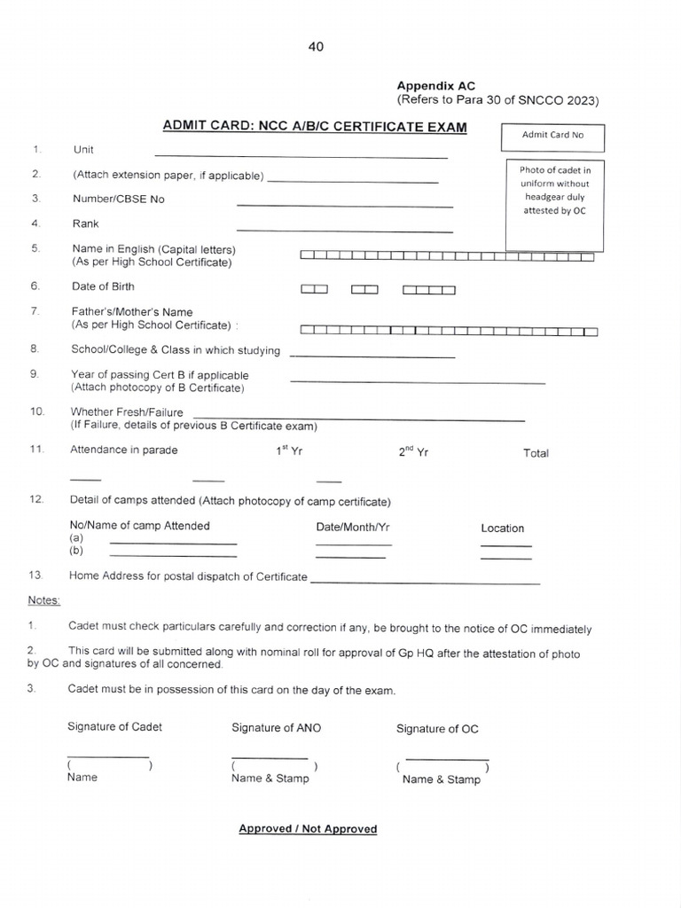 NCC Certificate Exam Admit Card Template | PDF