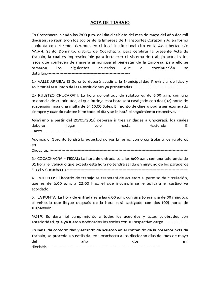 Modelo De Acta De Trabajo En Wordejemplo De Una Acta Hntb