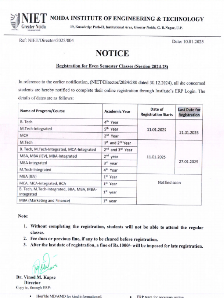 Notice - Registration For Even Semester 2024-25 | PDF