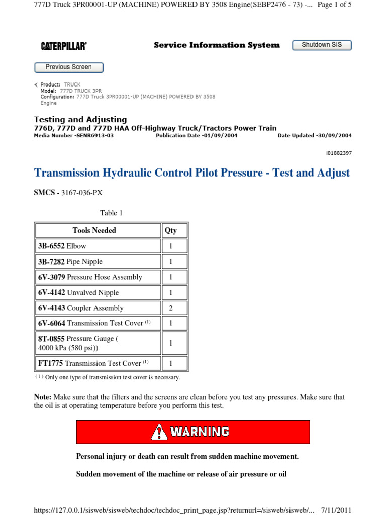 Trans Hyd Control Pilot Pressure - Test Adjust | PDF | Manufactured ...