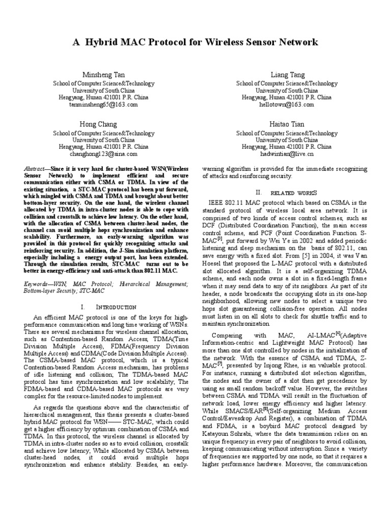A Hybrid MAC Protocol For Wireless Sensor Network: Minsheng Tan Liang ...