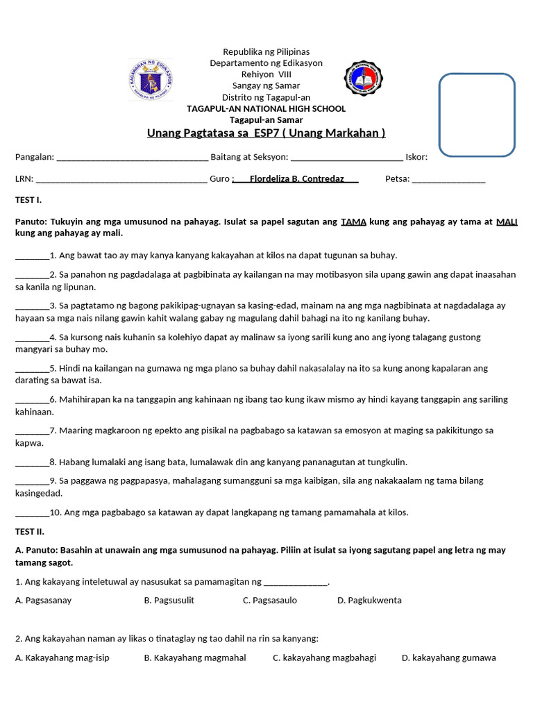 Formative Test Esp 7 | PDF