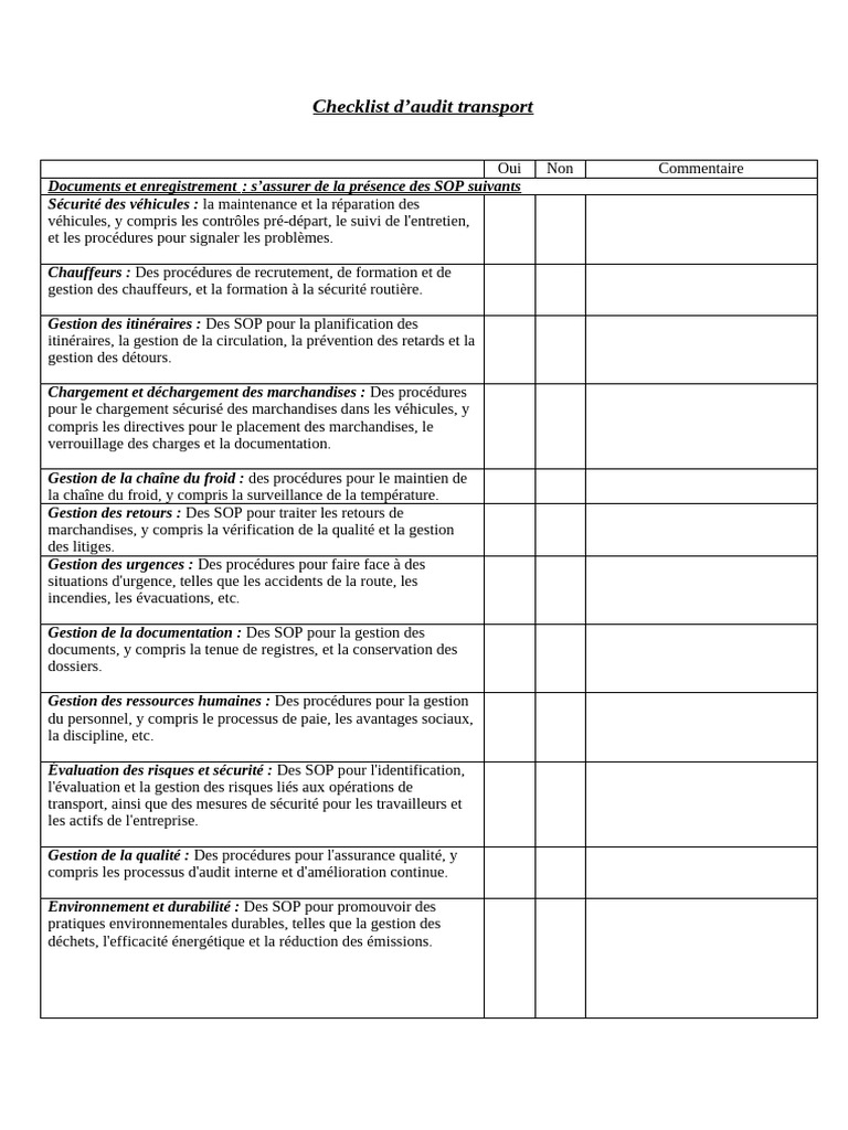 Checklist d'Audit Transport Sécurisé | PDF | Transport | Véhicules