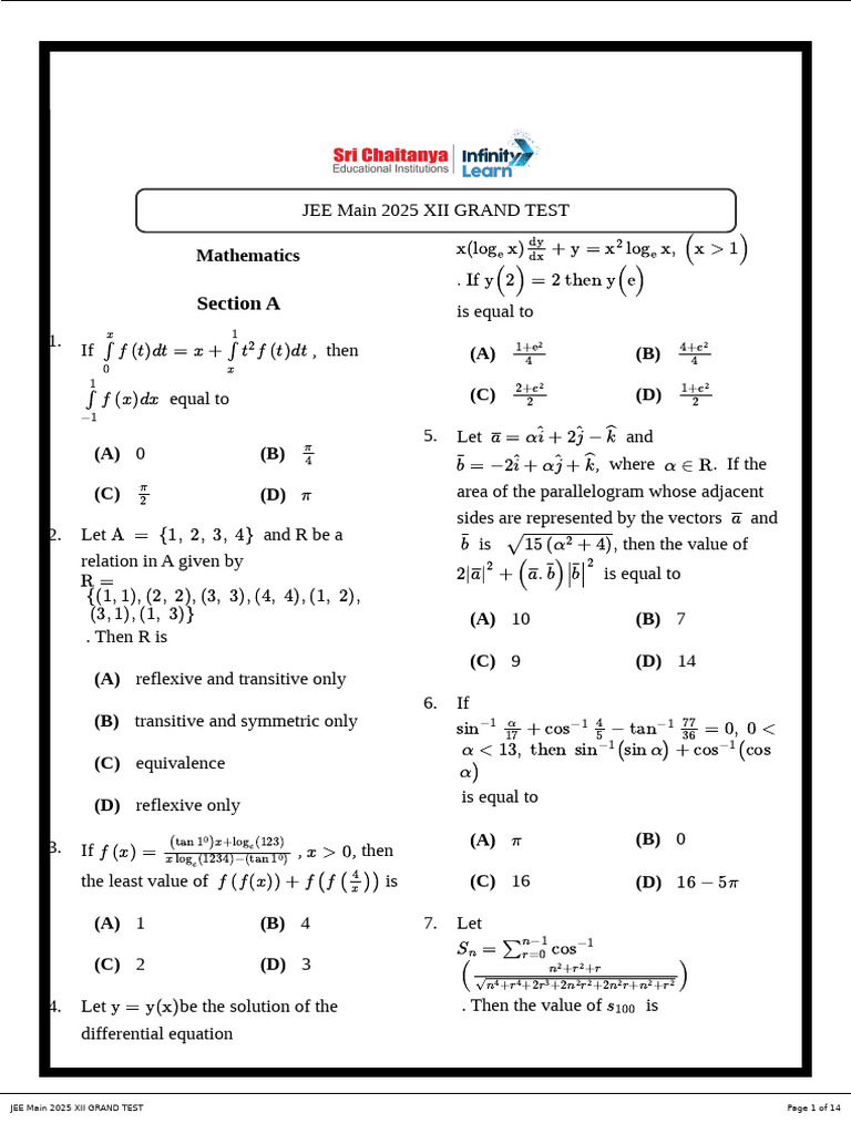 JEE Main 2025 XII Grand Test | PDF | Mathematics | Mathematical Objects
