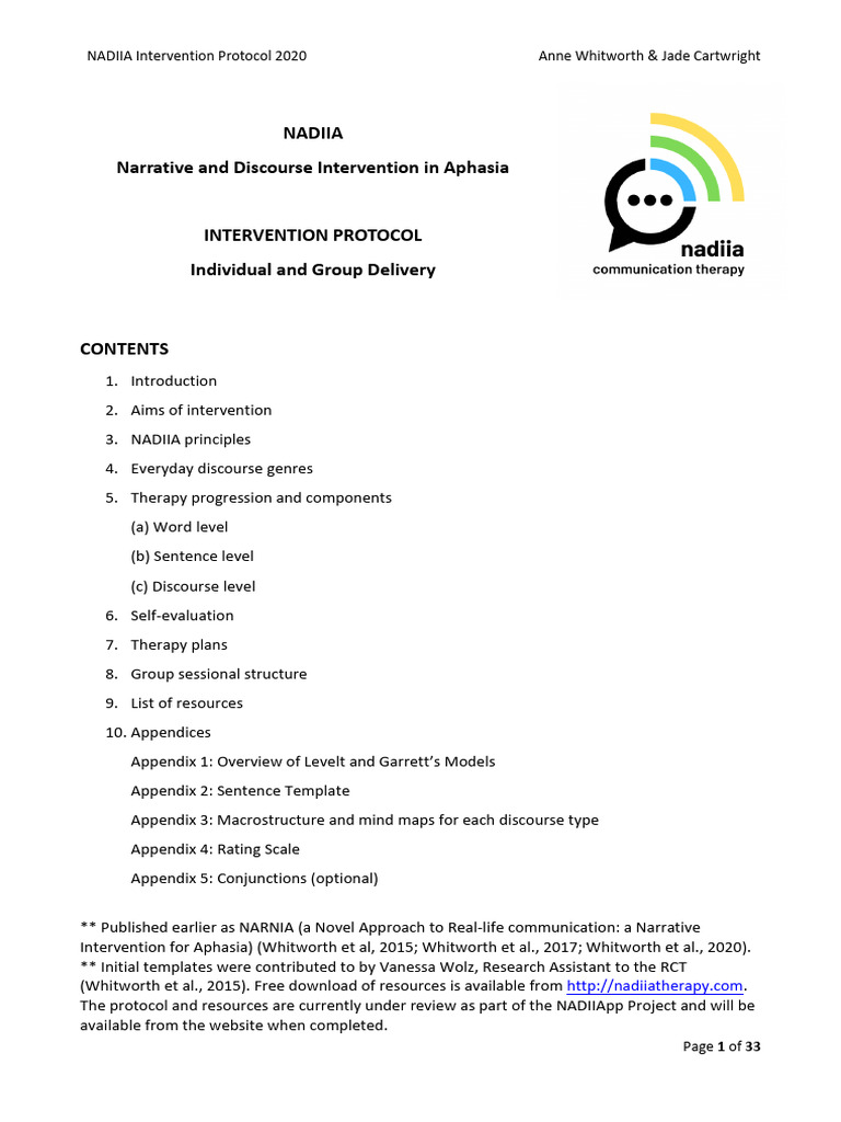 NADIIA Aphasia Intervention Protocol | PDF | Narrative | Word