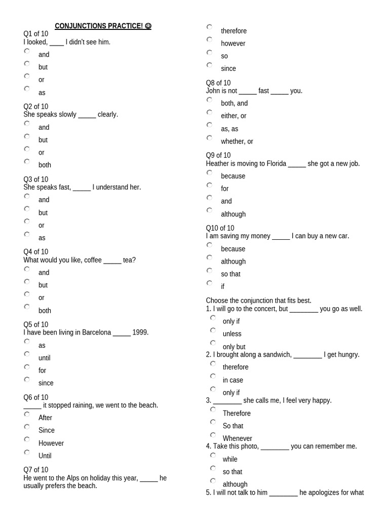 Conjunctions Practice Exercises | PDF | Eating Disorder