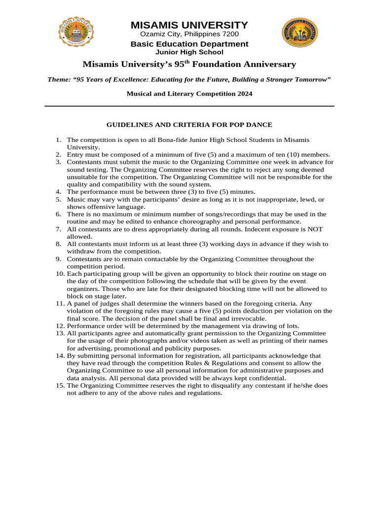 Pop Dance Competition Guidelines 2024 | PDF
