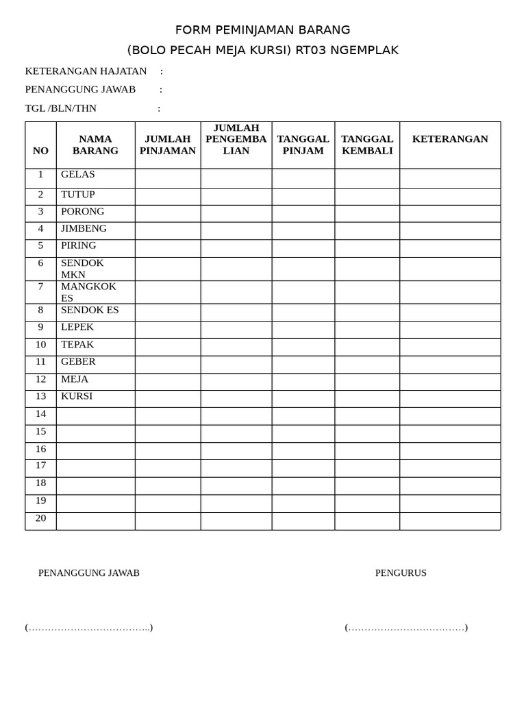 Form Peminjaman Barang RT03 Ngemplak | PDF