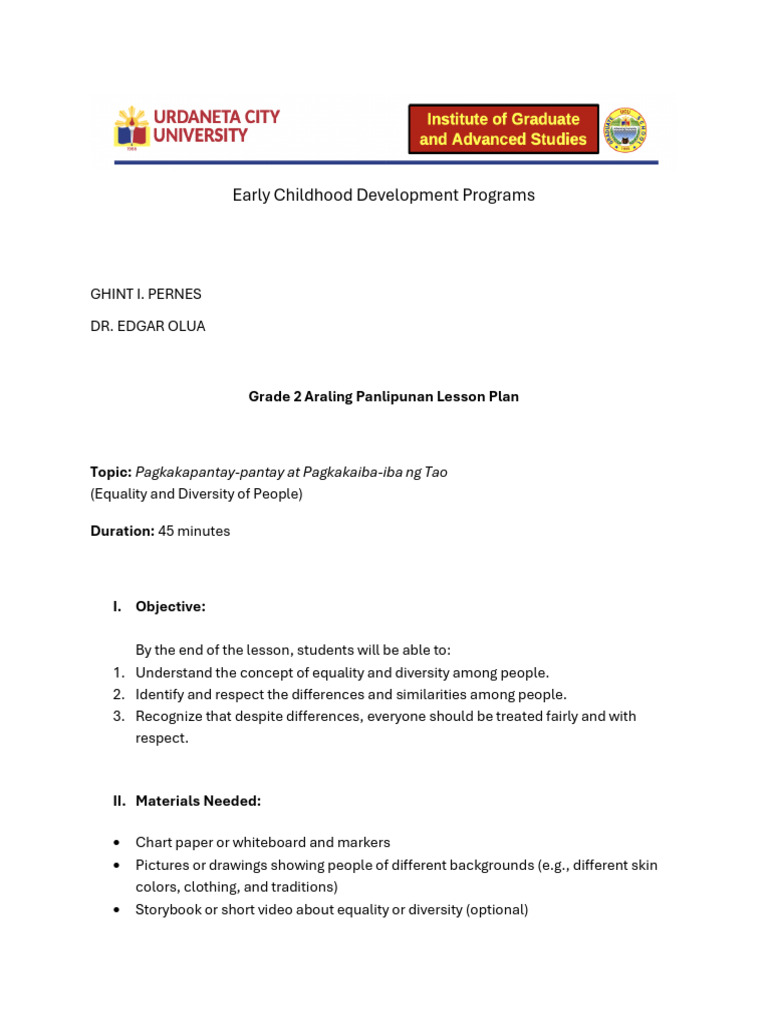 Grade 2 Lesson on Equality & Diversity | PDF | Cognition | Learning
