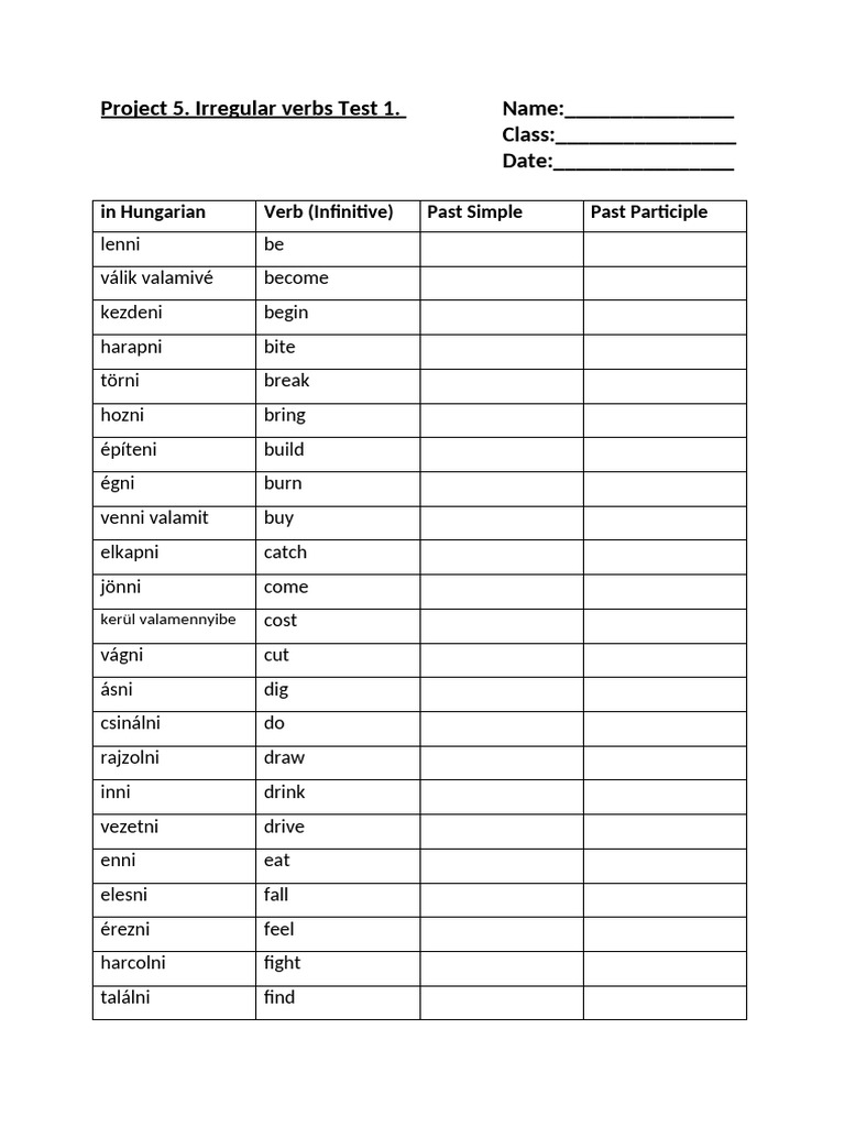 Irregular Verbs Test | PDF