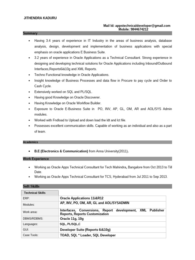 Oracle Apps Technical Consultant Profile | PDF | Oracle Database ...