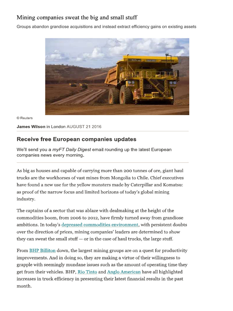 Newspaper Article (Class 1) Mining Companies Sweat The Big and Small ...